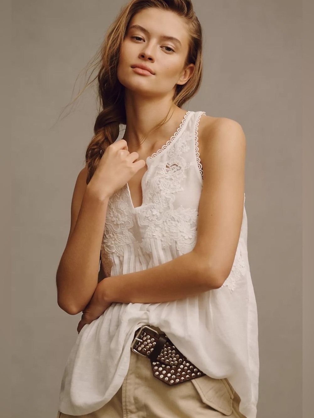 Anthropologie Ranna Gill Linen Lace Tank in White, Size Large - Picture 2 of 12